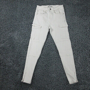 Zara Jeans Womens 30 White Denim Cargo Pockets Zip Ankle Tapered 28x28.5*